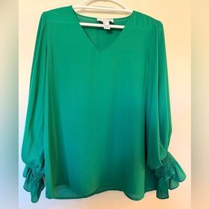 Joseph Ribkoff Emerald Green Chiffon Blouse Smocked Sleeve V-Neck Size 8
